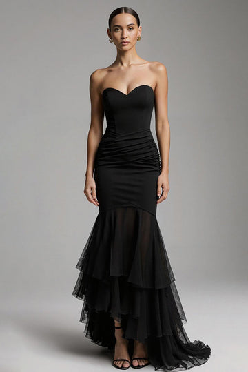 Robe formelle maxi avec volants Black Mermaid Sweetheart Sweep Train